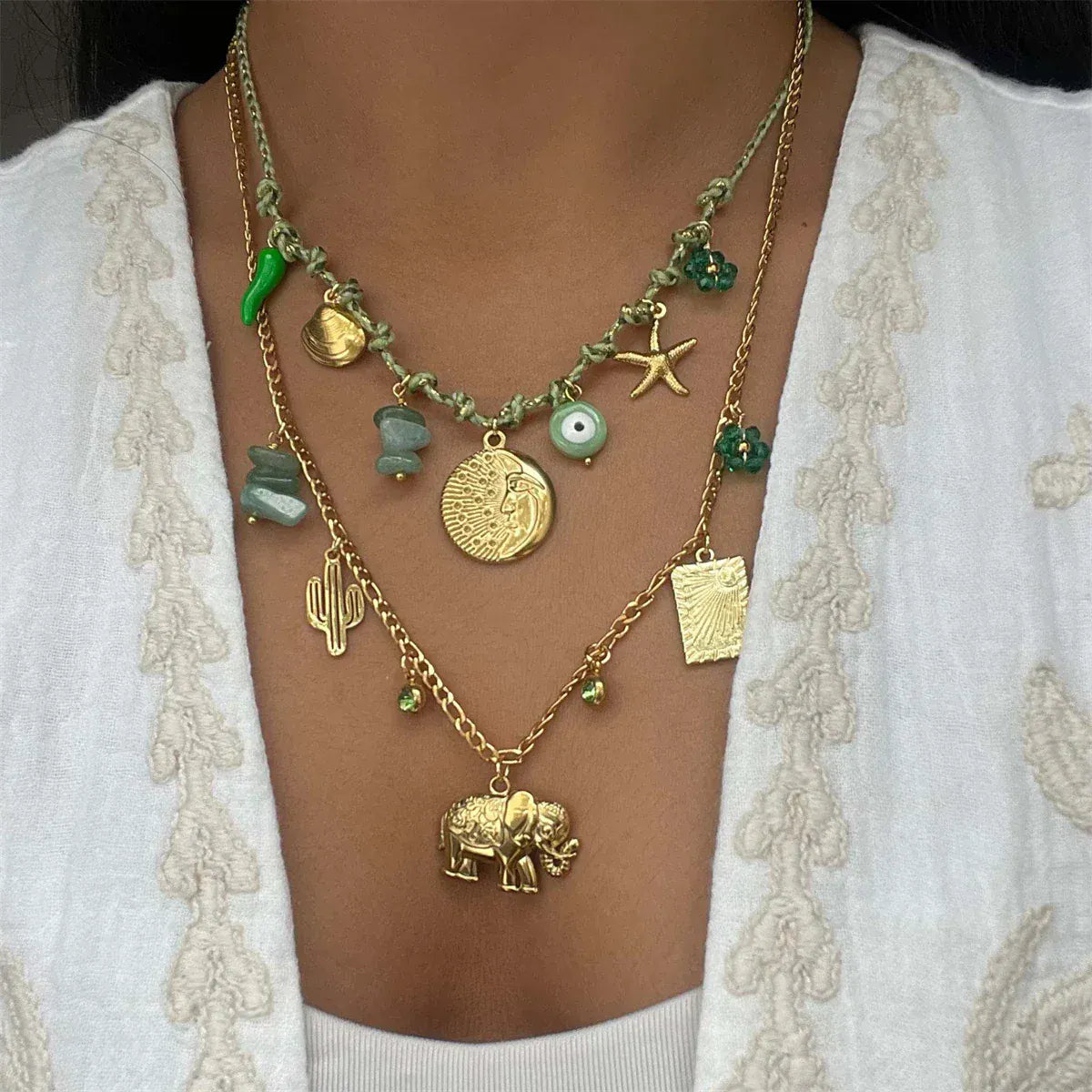 Gold Necklace with Multiple Pendants