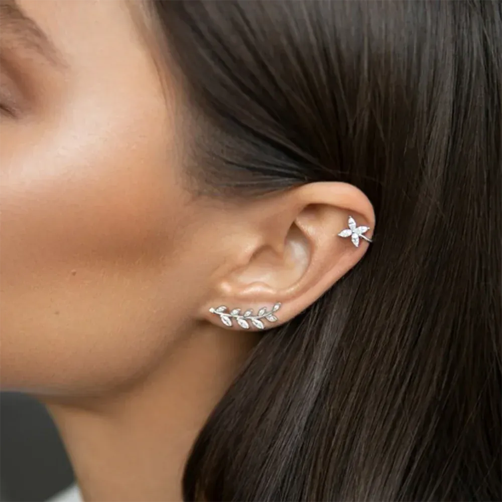 Boucle d'Oreille Grimpante Feuille Argent