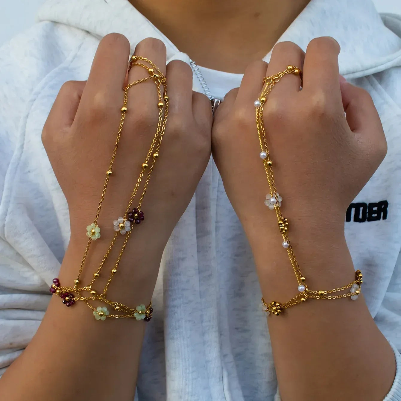 Bracelet Bague Chaine Main Fleurs