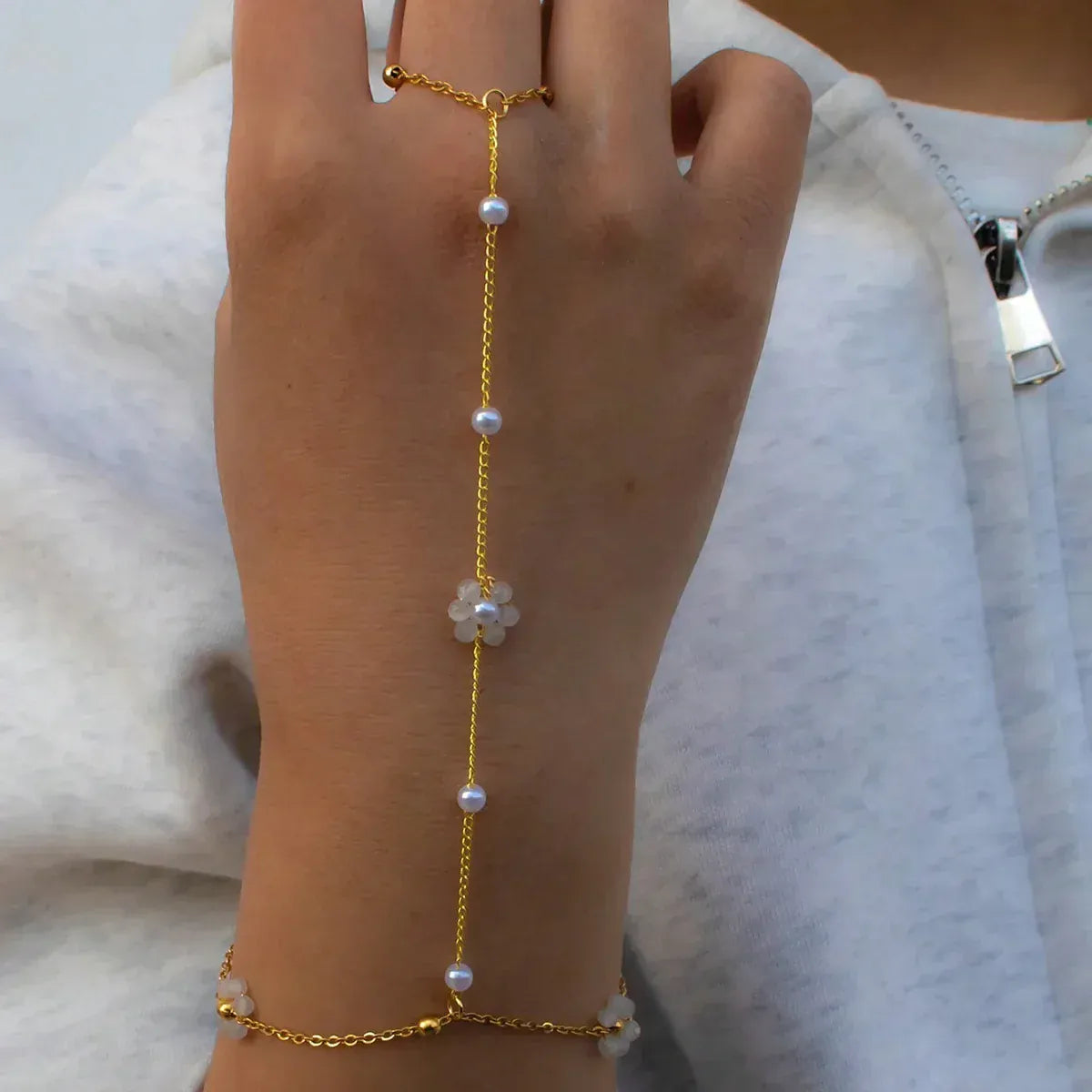 Bracelet Bague Chaine Main Fleurs