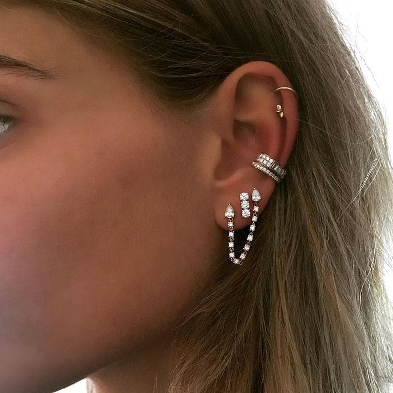 Boucle d'oreille chaine 2 trous avec cristal