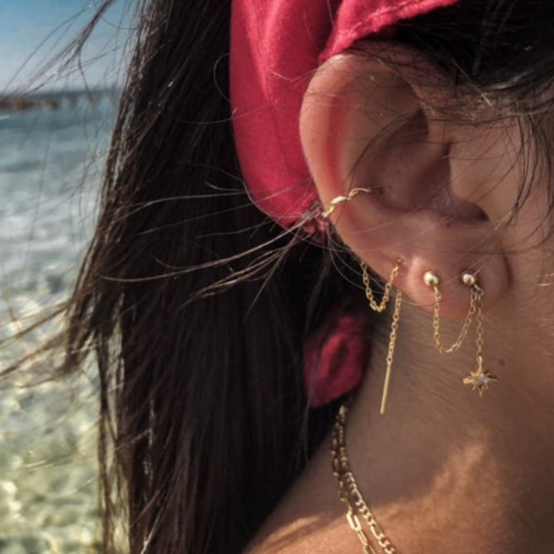 Boucle d&#39;oreille chaine 2 trous pendante avec étoiles