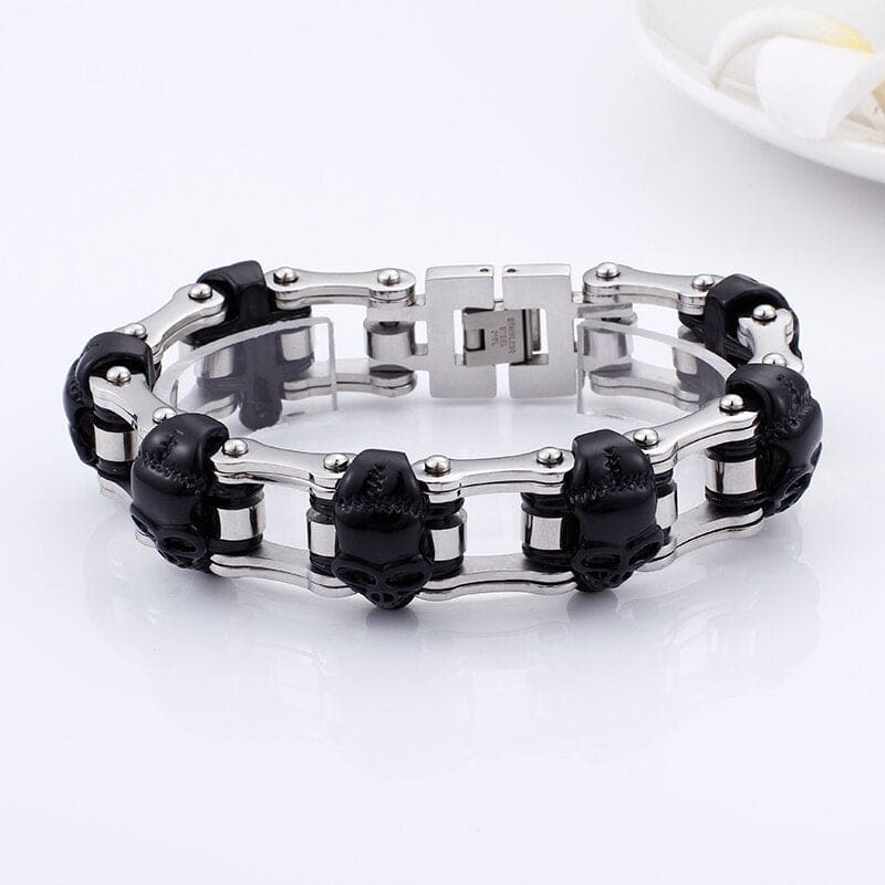 Bracelet chaine moto tete de mort noir